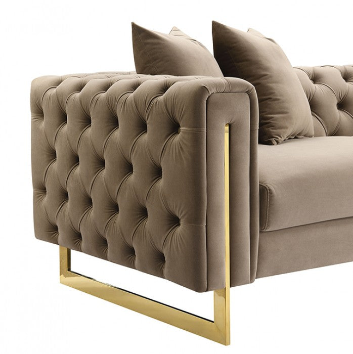 Avara Warm Mink Brown Fabric Gold Trim Sofa and Love Seat Set with Tufted Backs – FM67015SKBR-2PC — product view 3