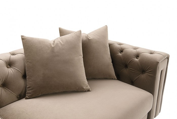 Avara Warm Mink Brown Fabric Gold Trim Sofa and Love Seat Set with Tufted Backs – FM67015SKBR-2PC — product view 5