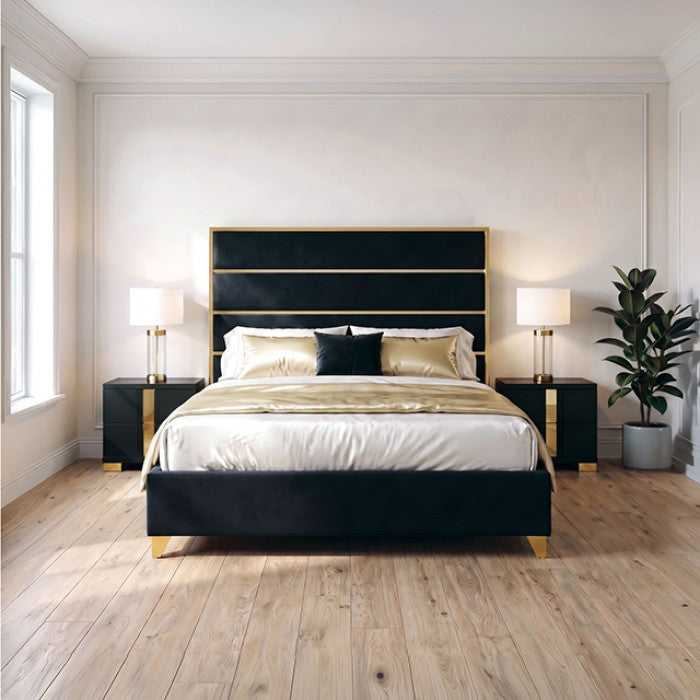 Andriola Gold/Black Tufted Fabric Upholstered Queen Bed – FM77005GDBK — product view 1