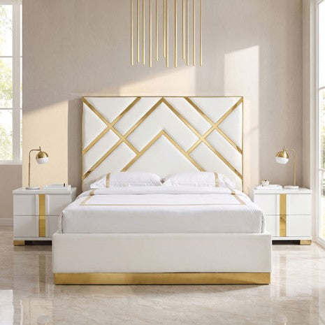 Stavola Gold/White Tufted Fabric Upholstered Queen Bed – FM77006GDWH — product view 1