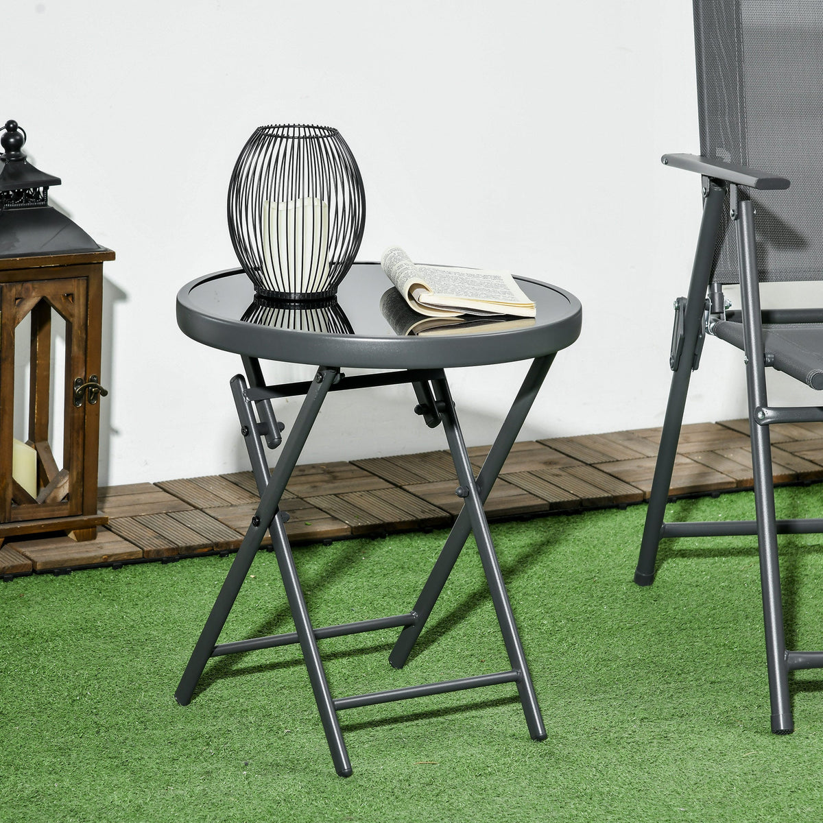 18" Outdoor Round Folding Table with Tempered Glass Top, Black — product view 3