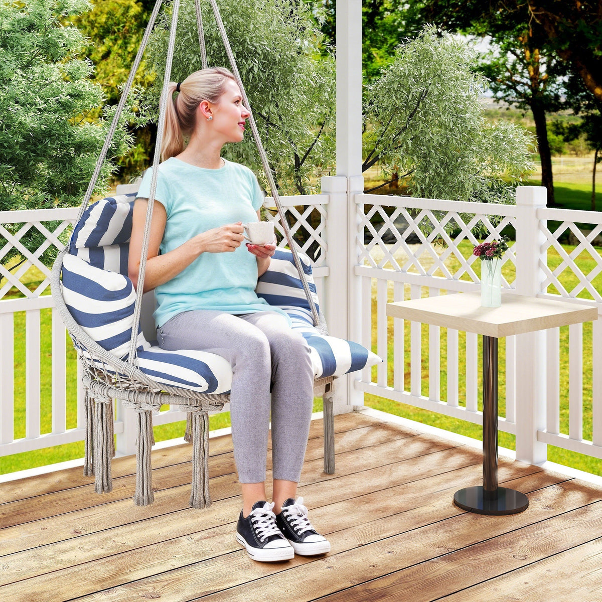 Macrame Hammock Swing Chair with Cushion, Blue and White — product view 4