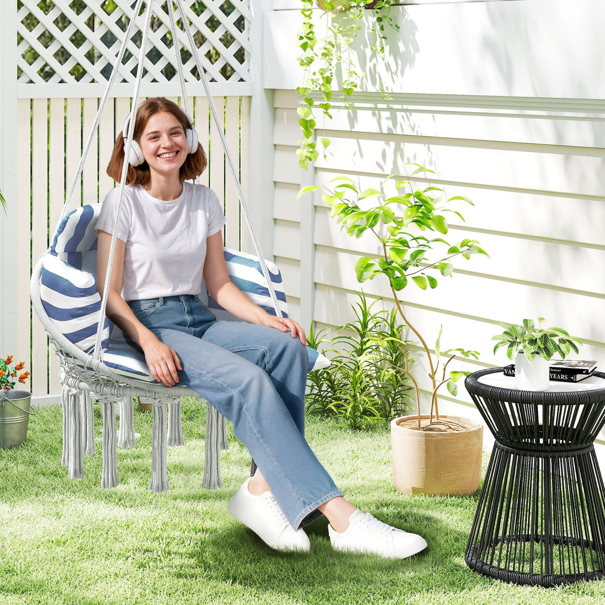 Macrame Hammock Swing Chair with Cushion, Blue and White — product view 3