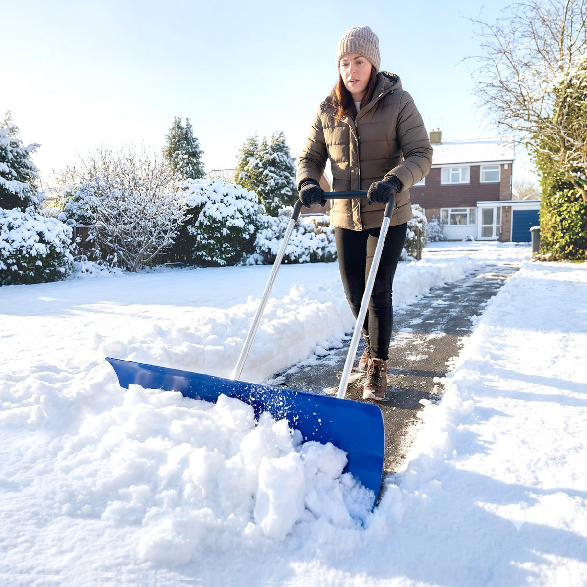 37-Inch Extra Wide Aluminum Snow Pusher with Wheels and Adjustable Handle, Blue — product view 4