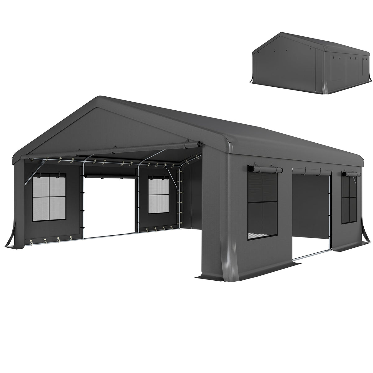 20' x 20' Heavy Duty Carport with 3 Roll-Up Doors, Dark Gray — product view 2