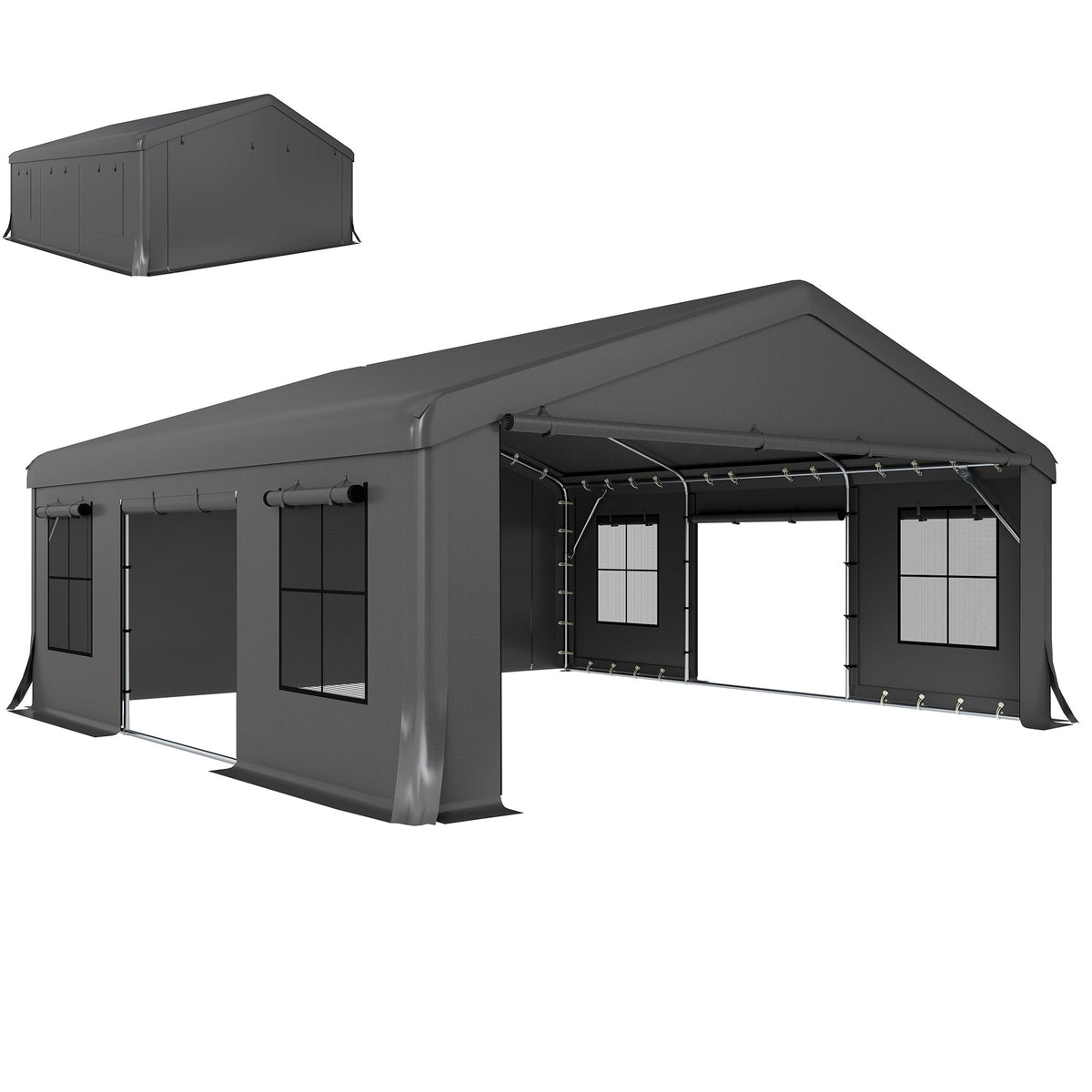 20' x 20' Heavy Duty Carport with 3 Roll-Up Doors, Dark Gray — product view 1