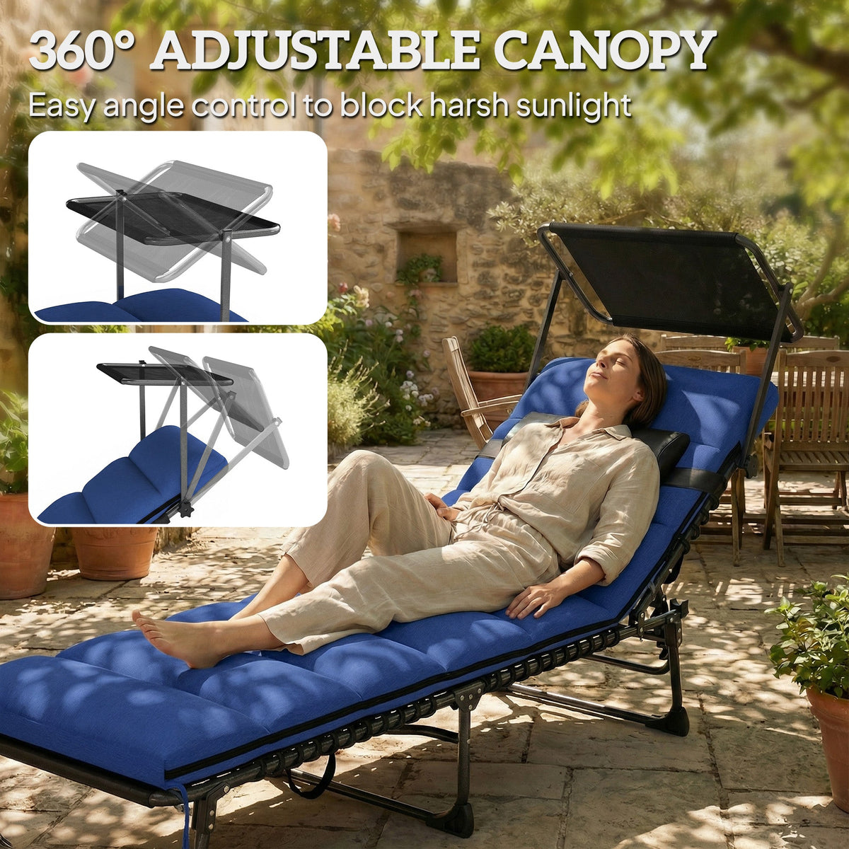 Folding Sun Lounger with Canopy, Cushion and 5-Position Recline, Dark Blue — product view 6