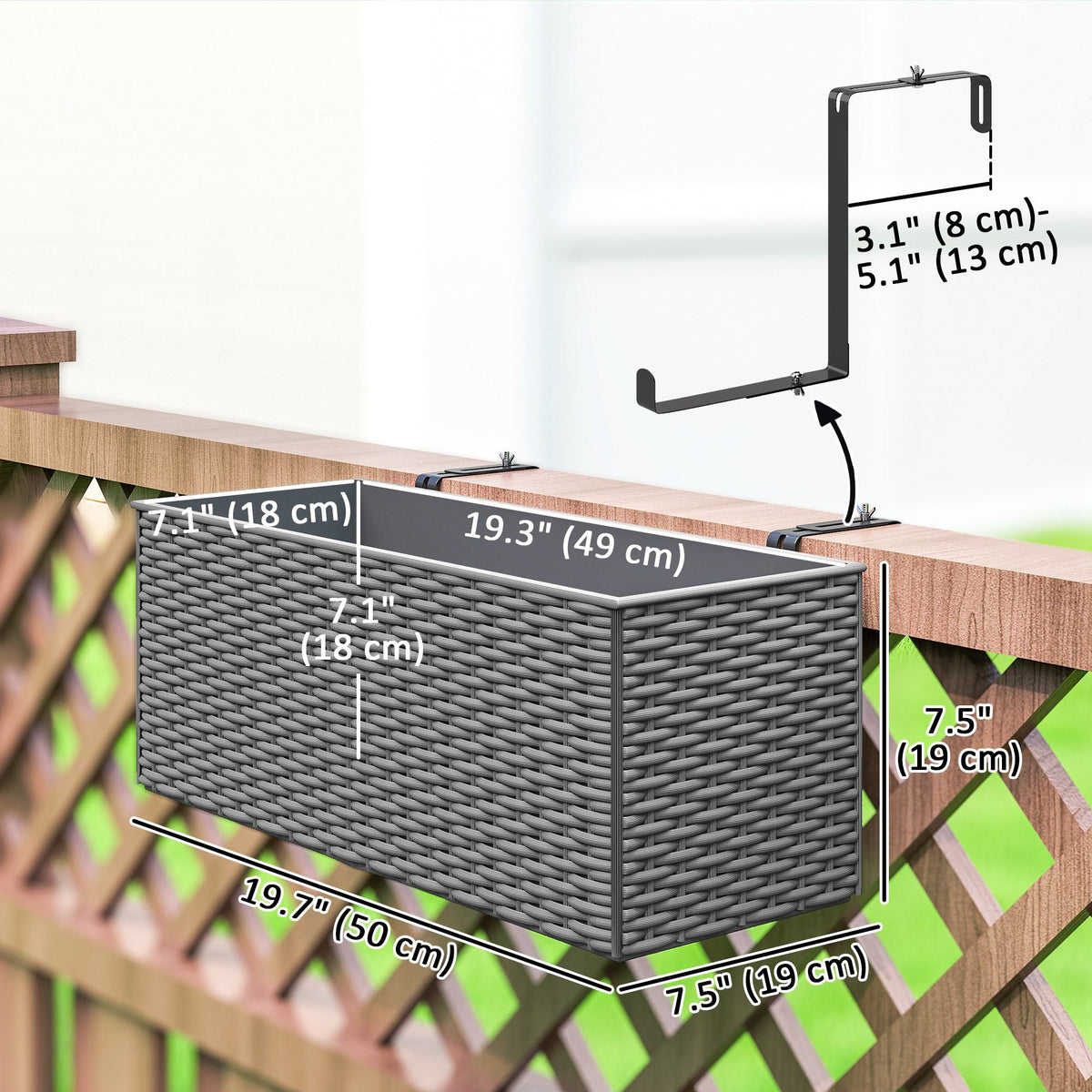 2 Pack 20" Railing Planter Boxes with Hooks and Drainage, Grey — product view 5