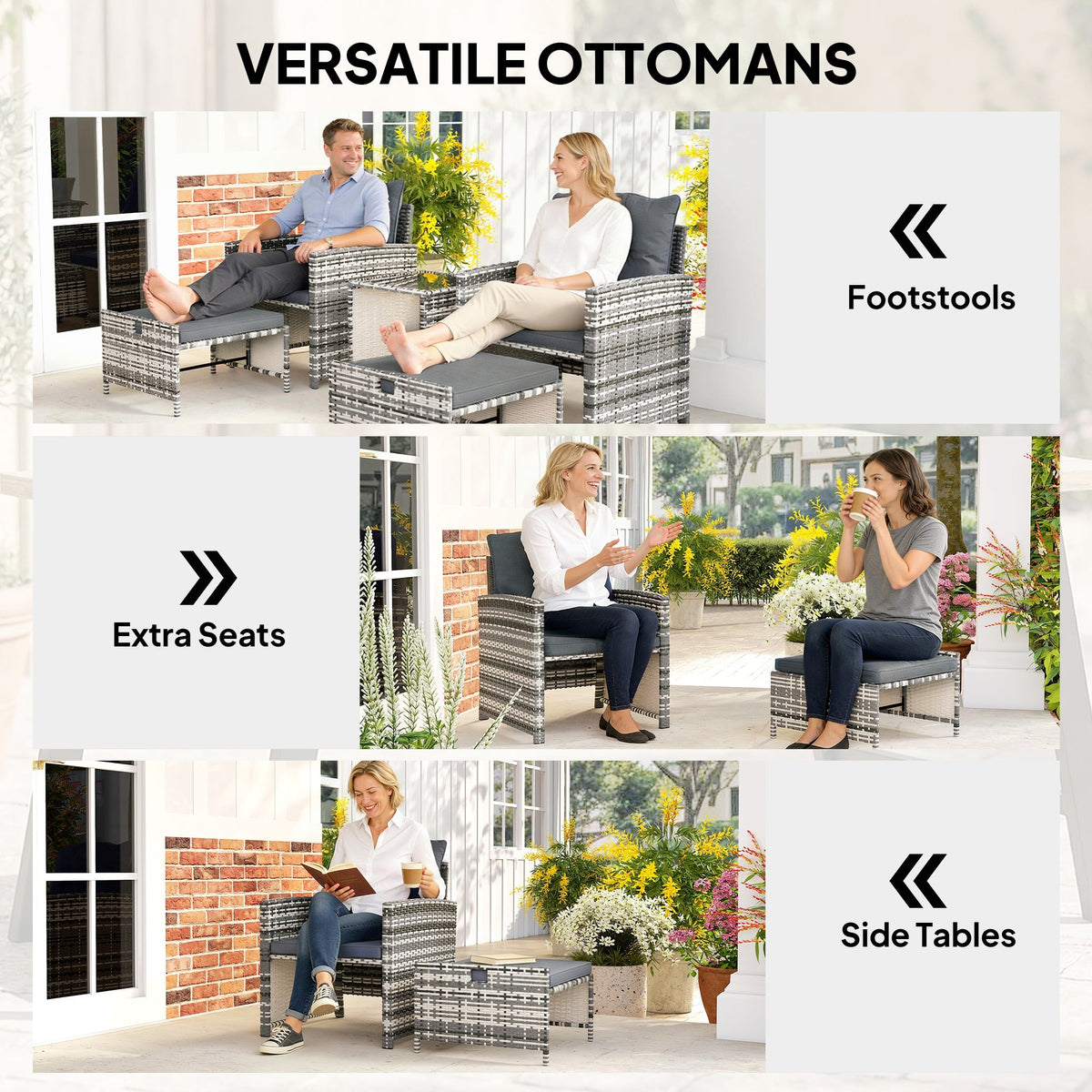 5-Piece Rattan Sofa Set with Ottomans, 2-Tier Glass Table, Grey/Dark Grey — product view 7