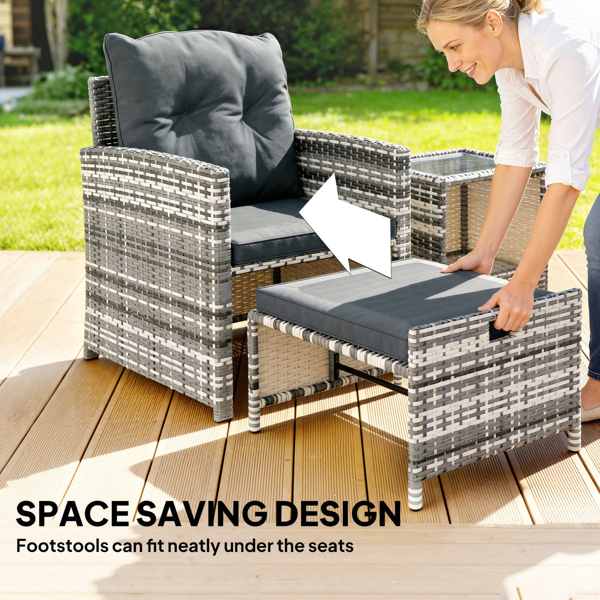 5-Piece Rattan Sofa Set with Ottomans, 2-Tier Glass Table, Grey/Dark Grey — product view 6