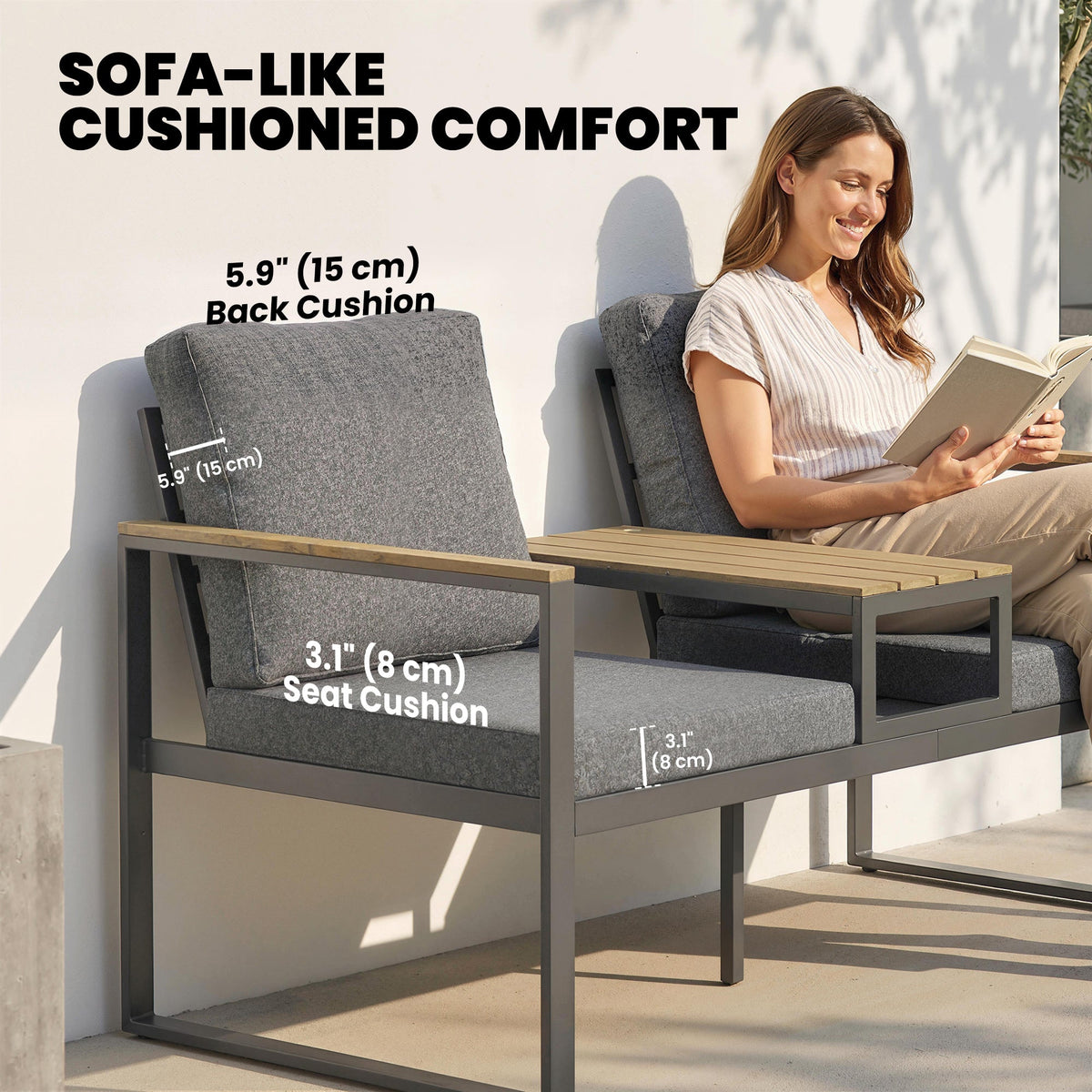 2-Seat Outdoor Garden Bench with Center Table and Thick Cushions, Light Grey — product view 6