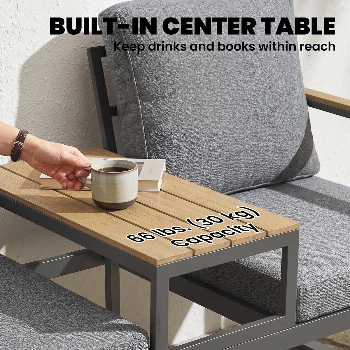 2-Seat Outdoor Garden Bench with Center Table and Thick Cushions, Light Grey — product view 7