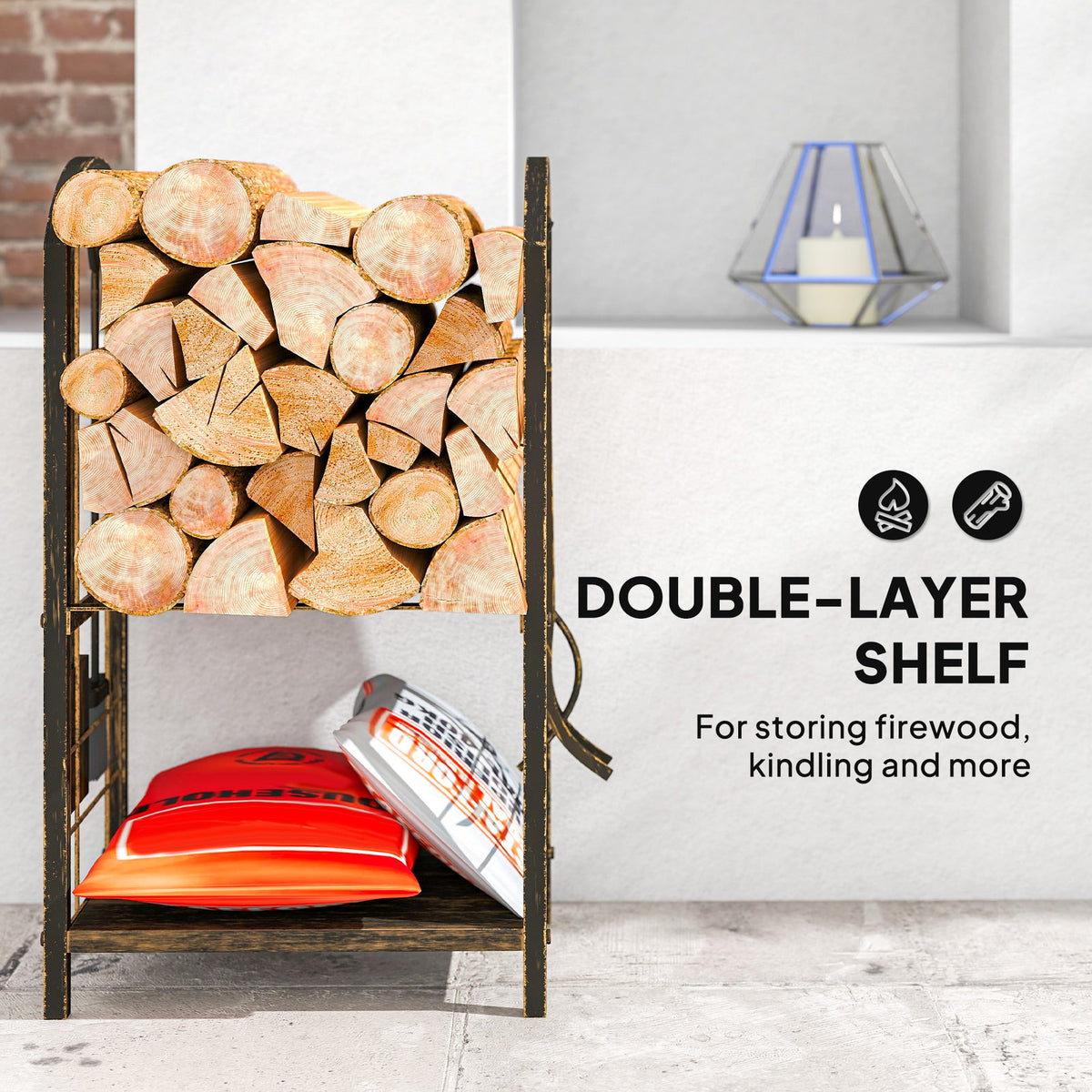 2-Tier Firewood Rack with 4 Fireplace Tools & Hooks, 220 lb Capacity, Coffee Brown — product view 6