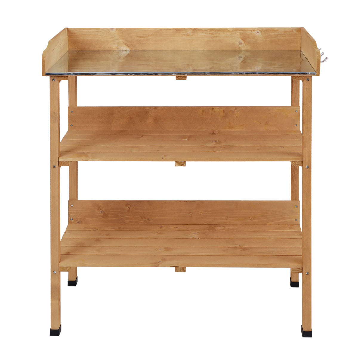 Wooden Potting Bench with Metal Top, Shelf and Hooks, Natural — product view 2
