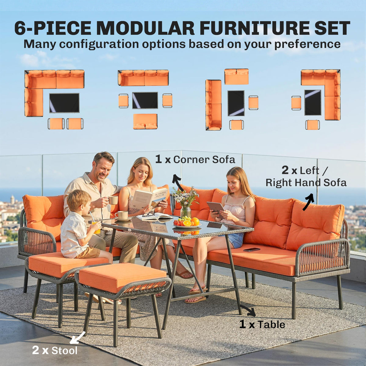 6-Piece 8-Seater Orange Rattan Corner Sofa Set with Cushions & Glass Table — product view 6