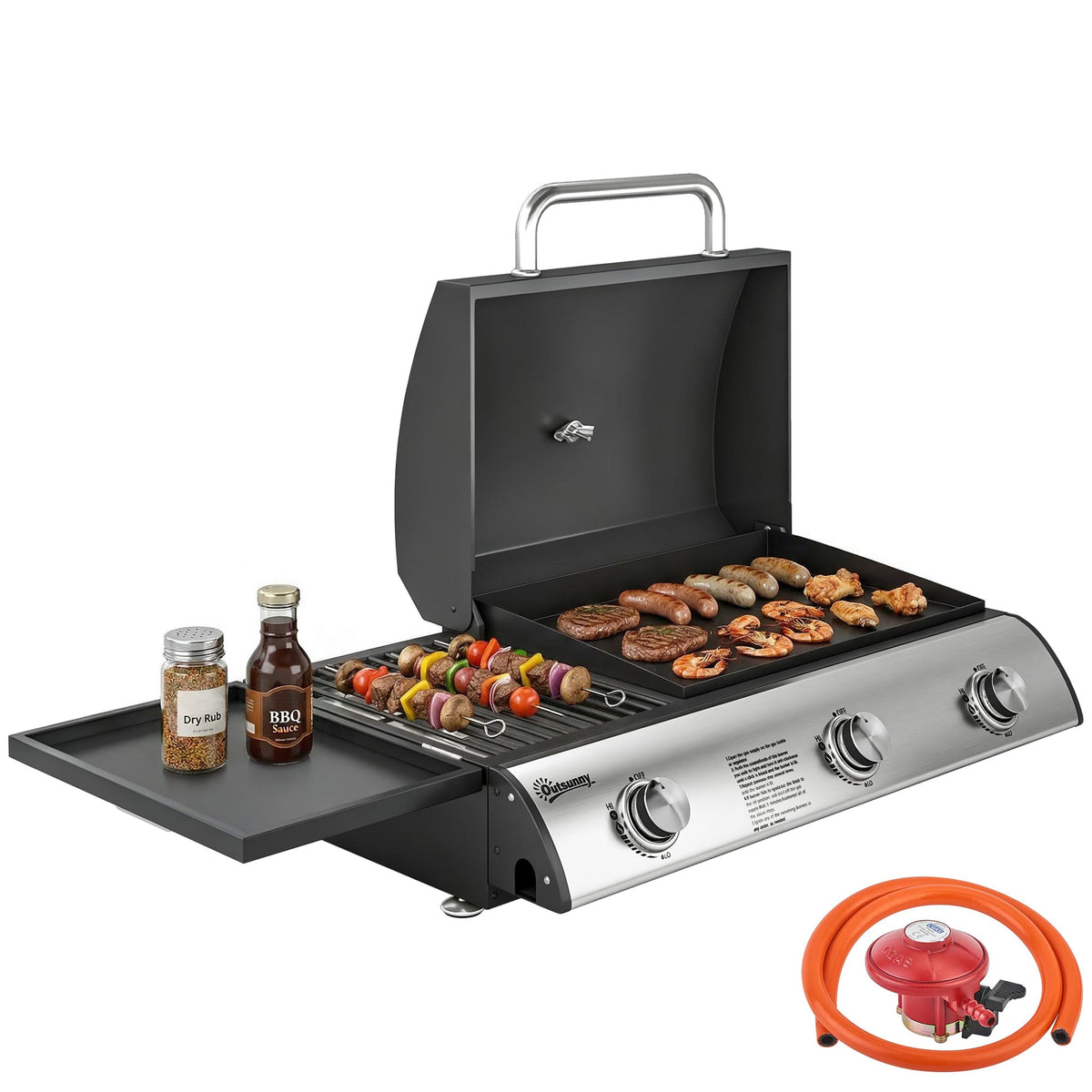 3-Burner Portable Gas Plancha Grill 8.1 kW with Griddle & Side Shelf, Black — product view 1