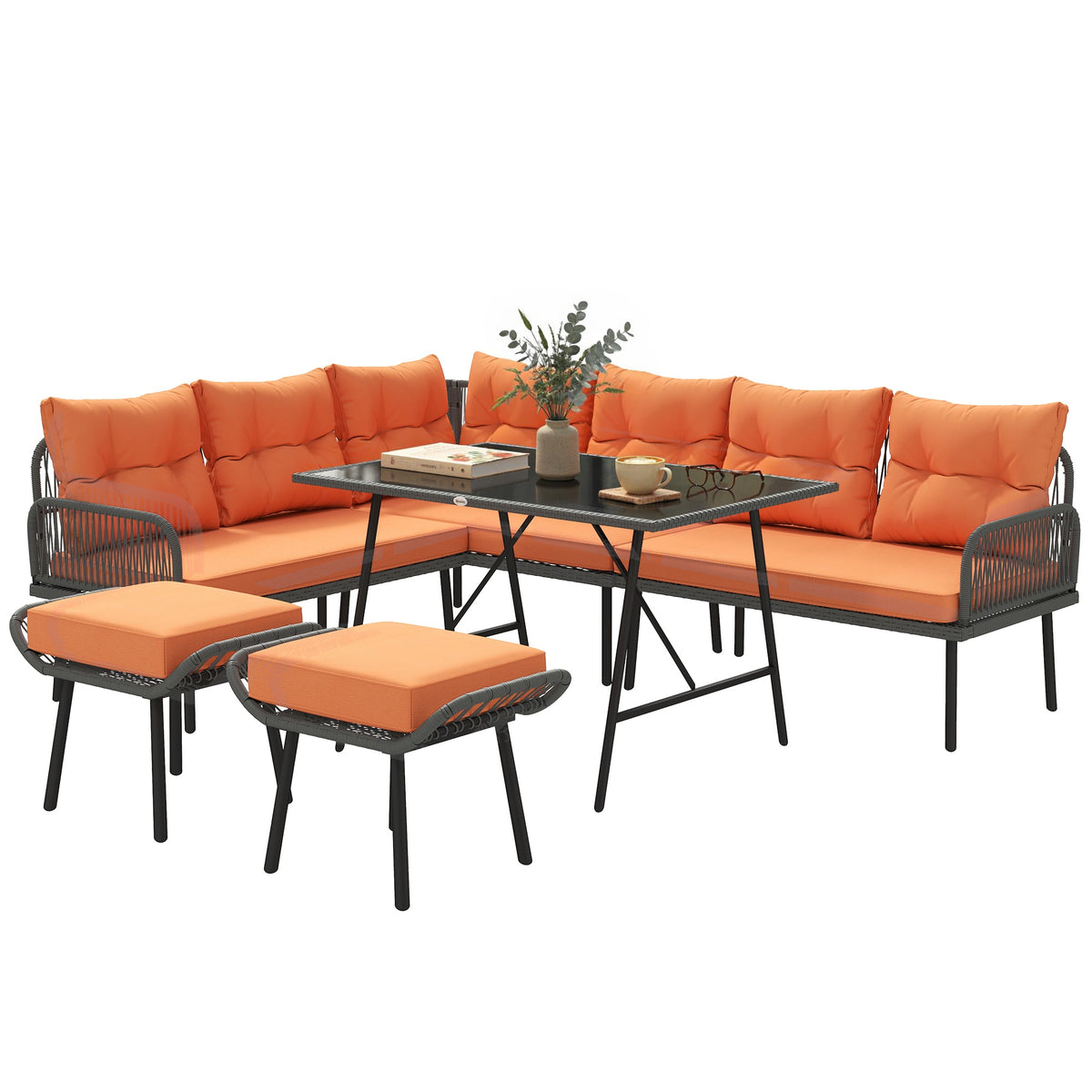 6-Piece 8-Seater Orange Rattan Corner Sofa Set with Cushions & Glass Table — product view 2