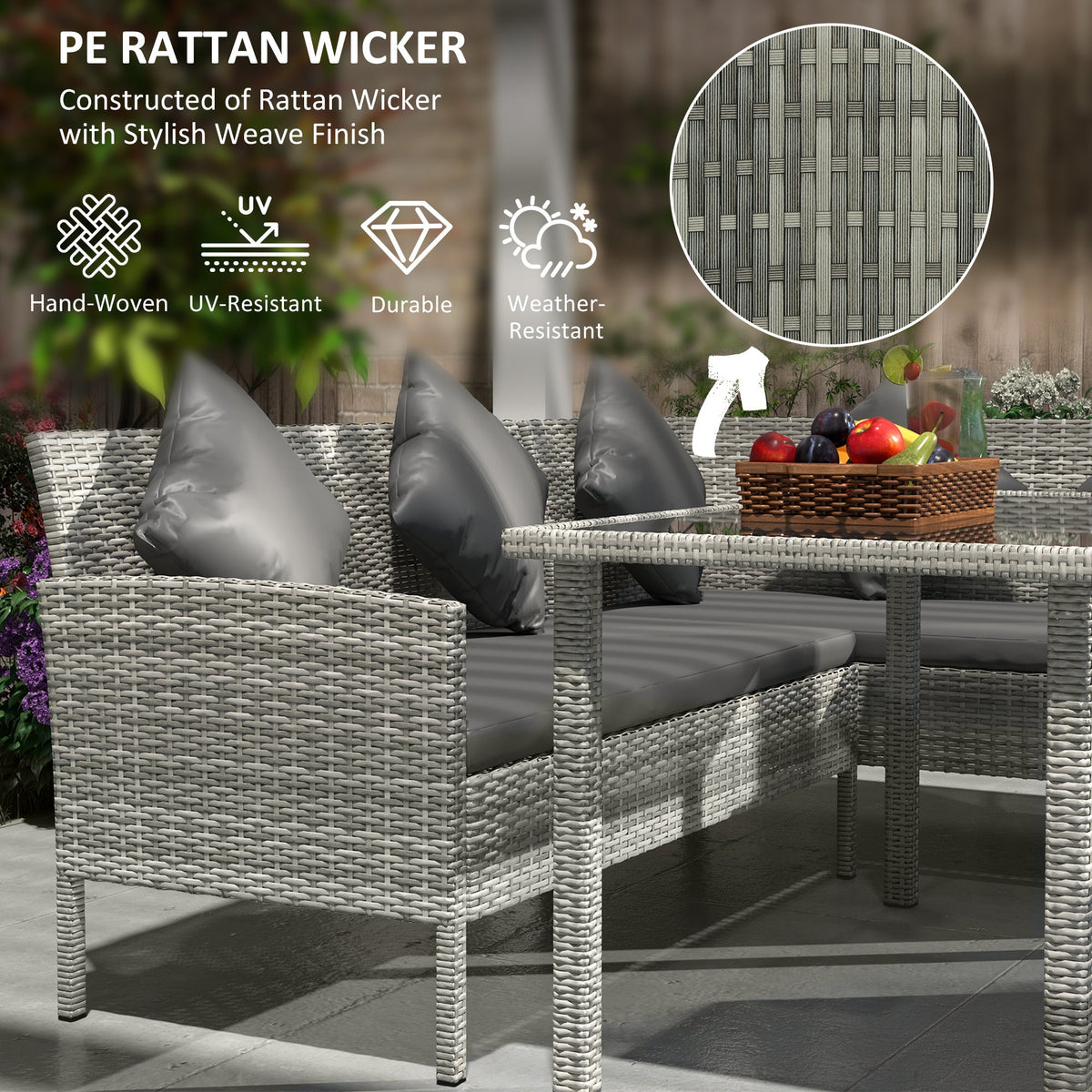 5 Piece Rattan Garden Furniture Set, 6 Seater Corner Dining Set, Dark Grey — product view 6