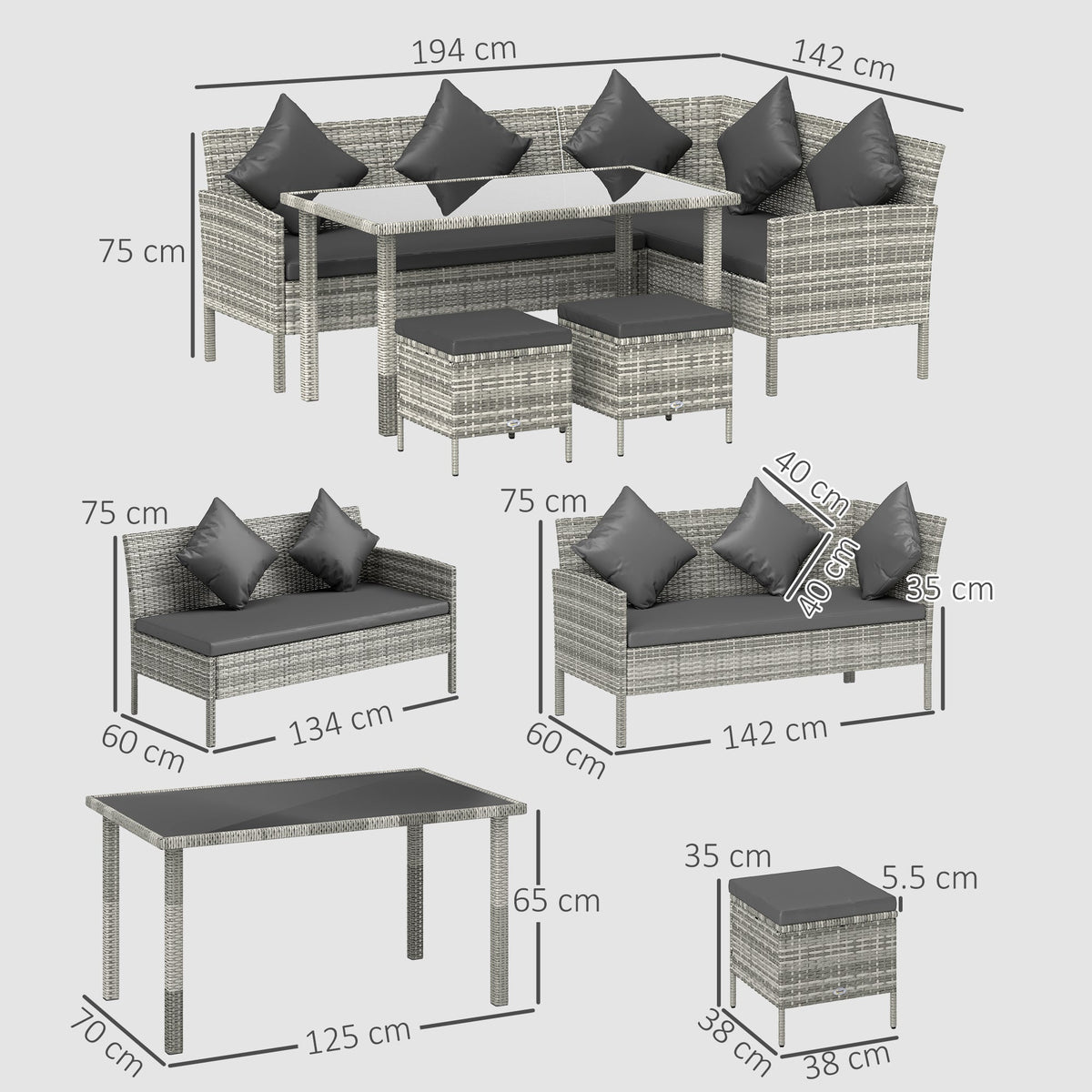 5 Piece Rattan Garden Furniture Set, 6 Seater Corner Dining Set, Dark Grey — product view 5