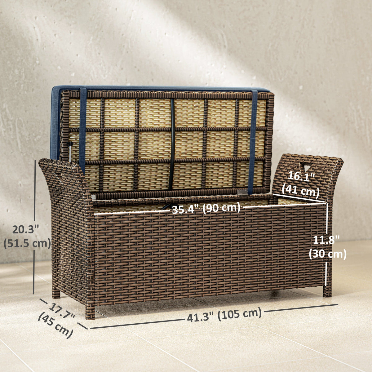 2-in-1 Patio Wicker Storage Bench, 29 Gallon with Cushion, Navy Blue — product view 5