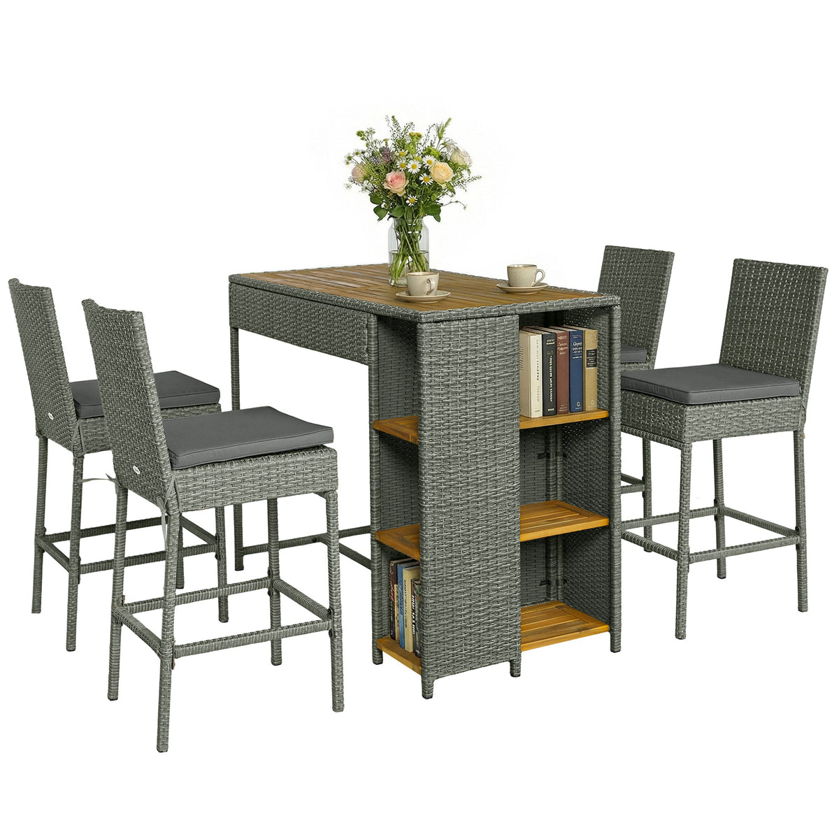5 Piece Outdoor Bar Set with Storage Table and Cushions, Gray — product view 1