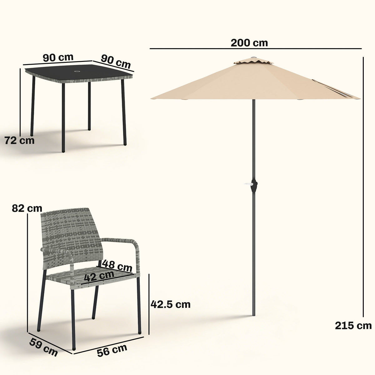 4-Person Rattan Dining Set with Tempered Glass & Tilting Parasol, Light Grey — product view 5