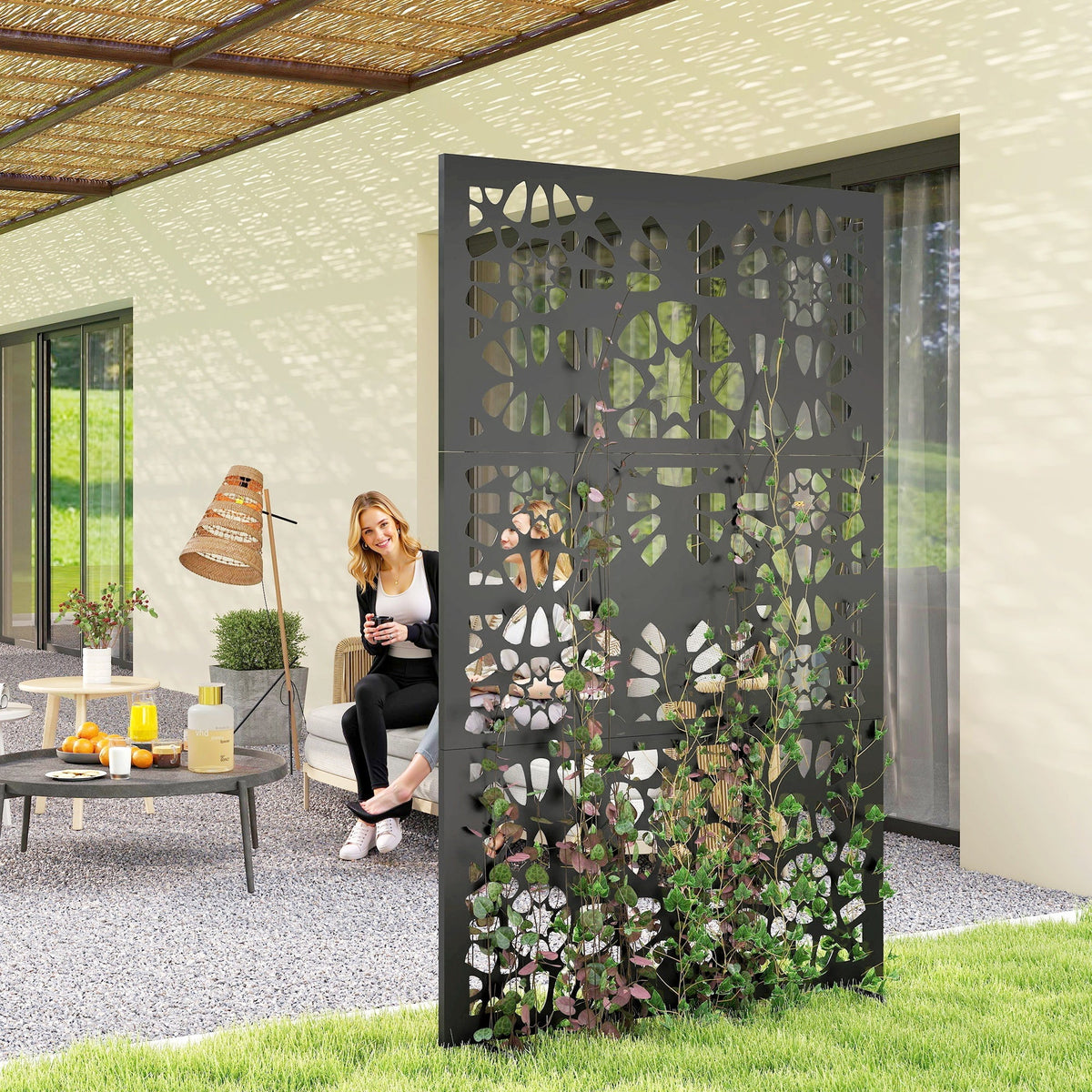 72" x 38" Metal Outdoor Privacy Screen, Symmetrical Pattern, Black — product view 3