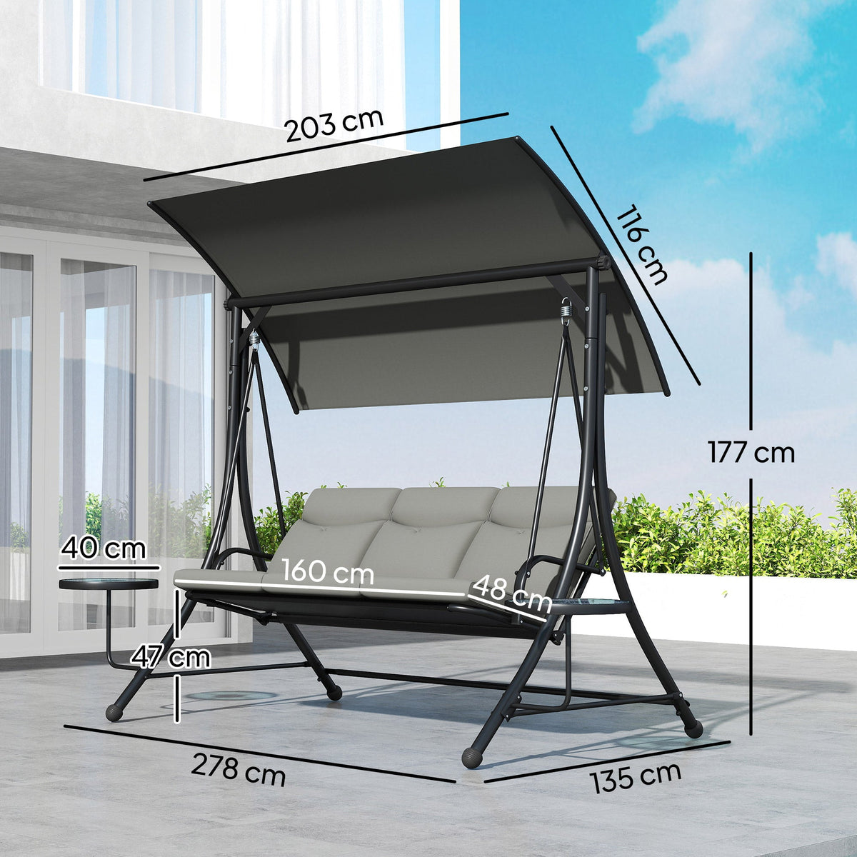 3 Seater Garden Swing Chair with Adjustable Canopy & Side Tables, Dark Grey — product view 5