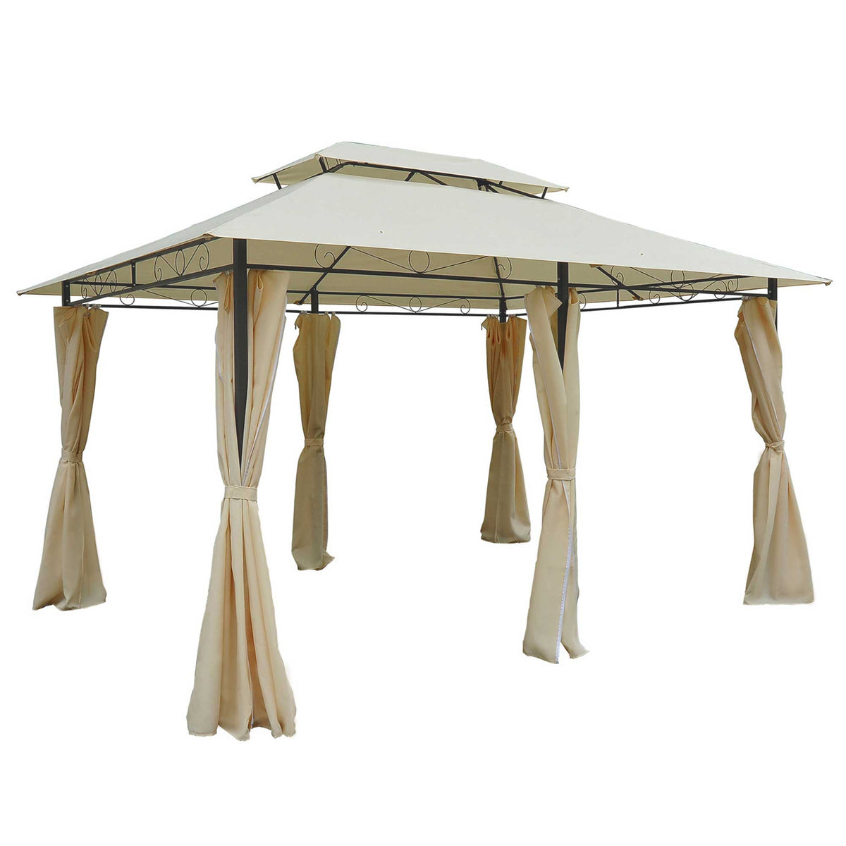 4 x 3m Garden Gazebo with Double Roof & Curtains, Beige — product view 1
