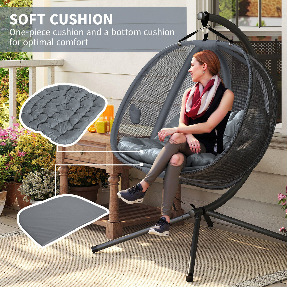 Double Egg Chair with Stand, 2 Person Hanging Swing Egg Chair Outdoor Indoor, 528 LBS Capacity Loveseat Hammock Swing with Cushion, Pockets, Grey — product view 7