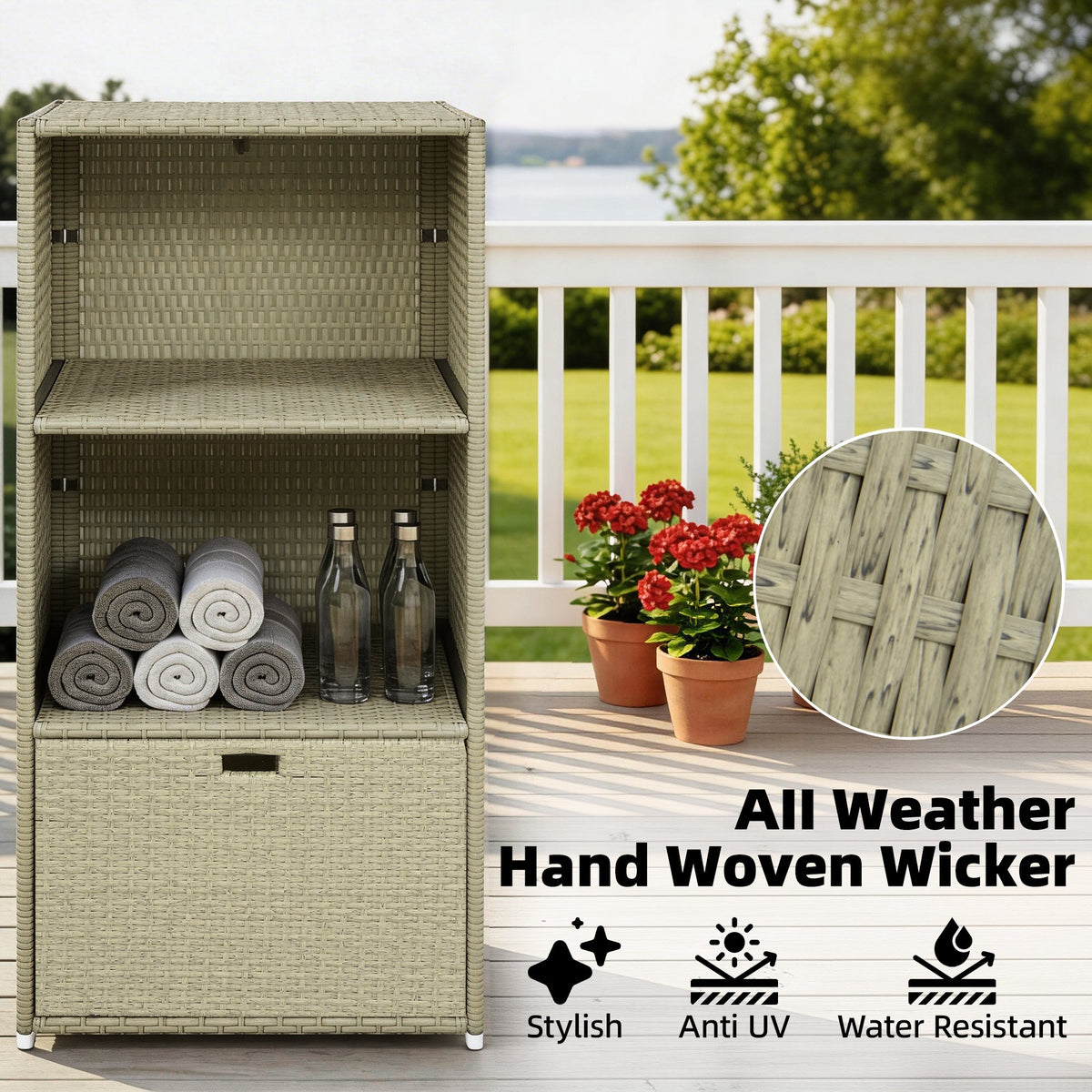 Pool Towel Rack with 2 Shelves and Basket Drawer, PE Rattan, Gradient Gray — product view 7
