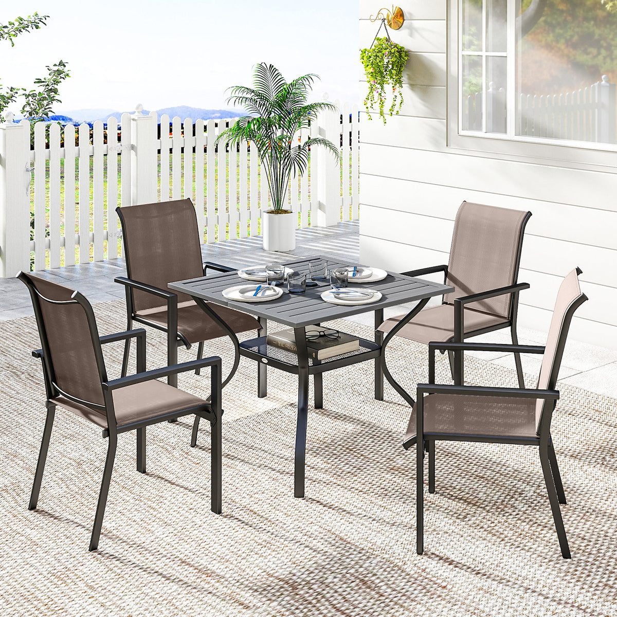 5 Piece Garden Dining Set with Stackable Chairs and Parasol Hole, Grey/Khaki — product view 4