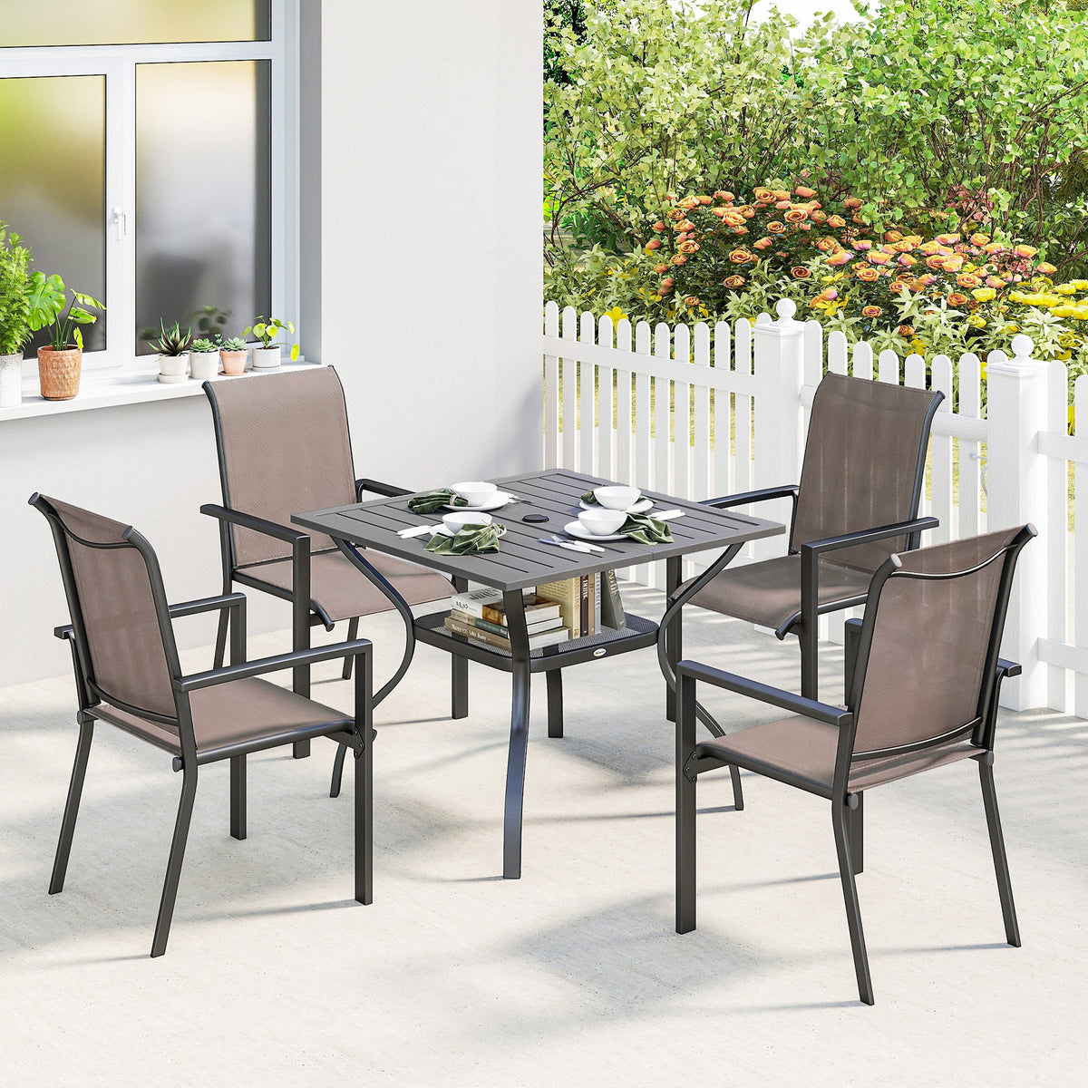 5 Piece Garden Dining Set with Stackable Chairs and Parasol Hole, Grey/Khaki — product view 3