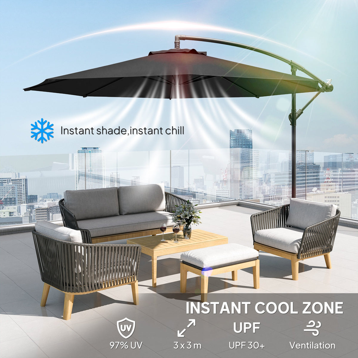 3 m Banana Parasol with Crank Handle, 8 Ribs & Cross Base, Black — product view 6