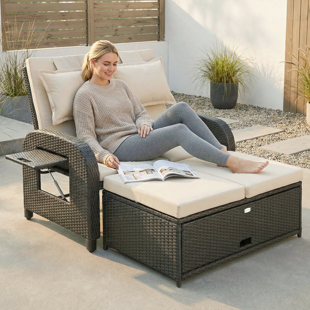 Rattan Patio Daybed with Storage Ottoman and Adjustable Backrest, Beige — product view 3