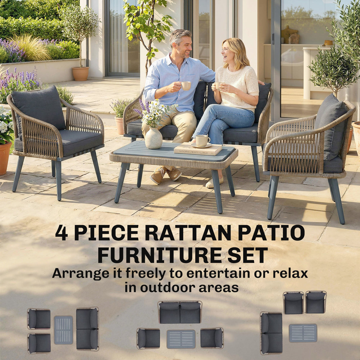 ARVOYA 4-Piece Rattan Conversation Set with Loveseat, 2 Armchairs & Acacia Table, Grey — product view 7
