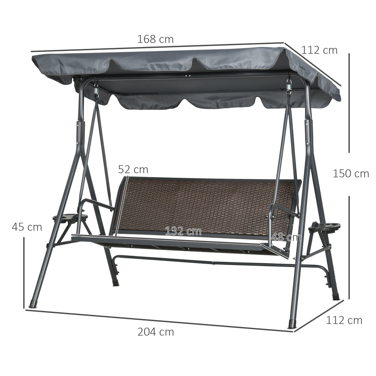 3 Seater Garden Swing Chair with Adjustable Canopy & Rattan Seat, Dark Grey — product view 5