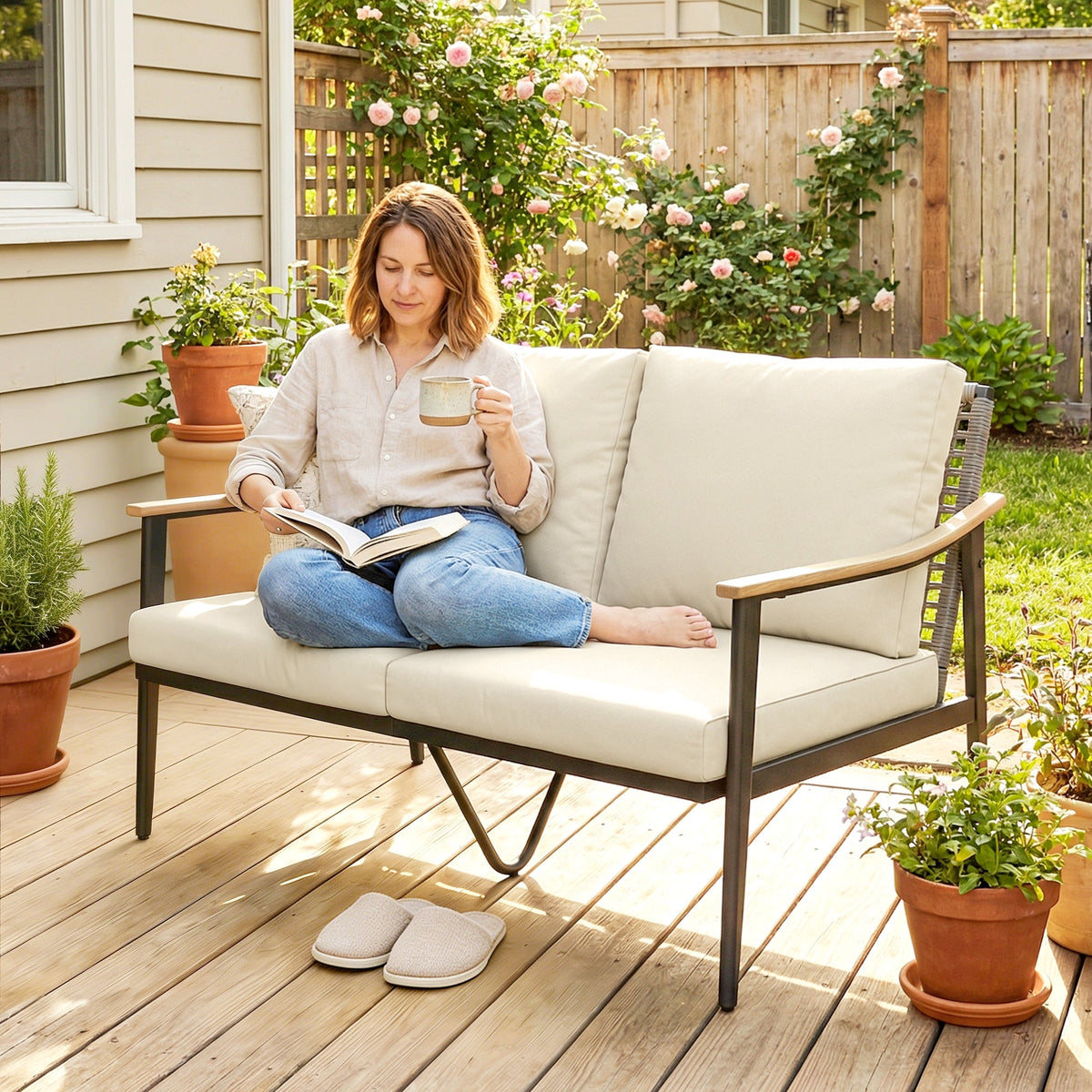 2 Seater Rattan Sofa with Wood-Effect Armrests, Khaki — product view 4