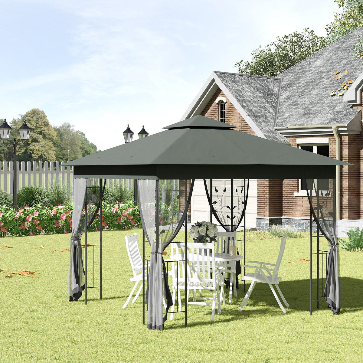 3 x 3m Garden Gazebo with Double Roof & Netting, Grey — product view 3