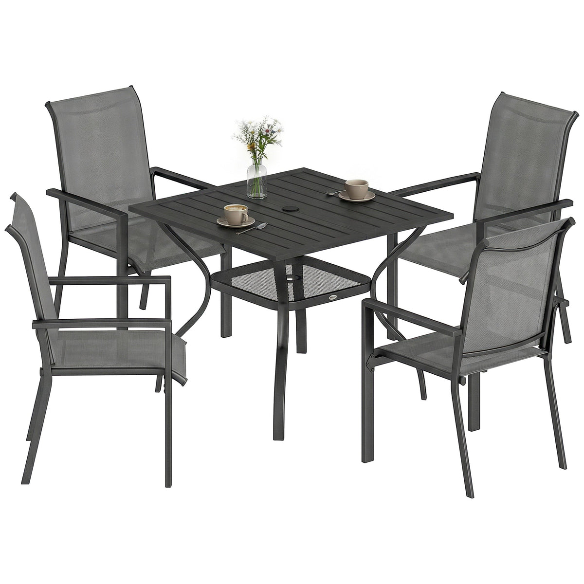 5 Piece Garden Dining Set with Stackable Chairs and Parasol Hole, Dark Grey — product view 1