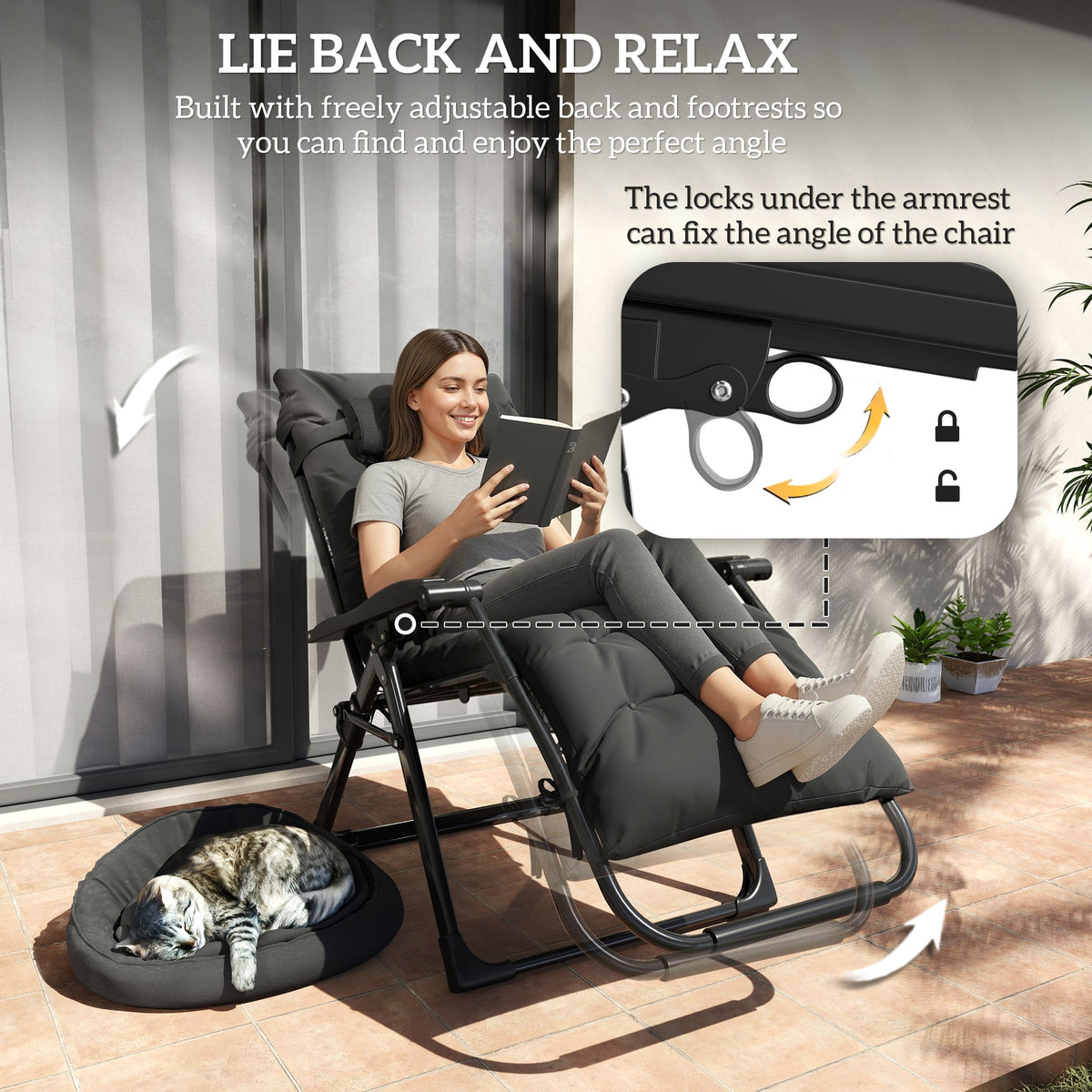 Reclining Zero Gravity Chair with Cushion and Headrest, Black — product view 6