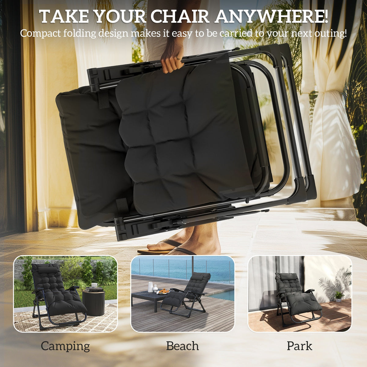 Reclining Zero Gravity Chair with Cushion and Headrest, Black — product view 7