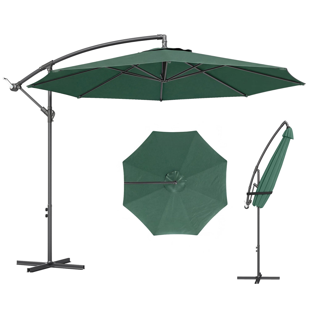 3 m Banana Parasol with Crank Handle, 8 Ribs & Cross Base, Dark Green — product view 2