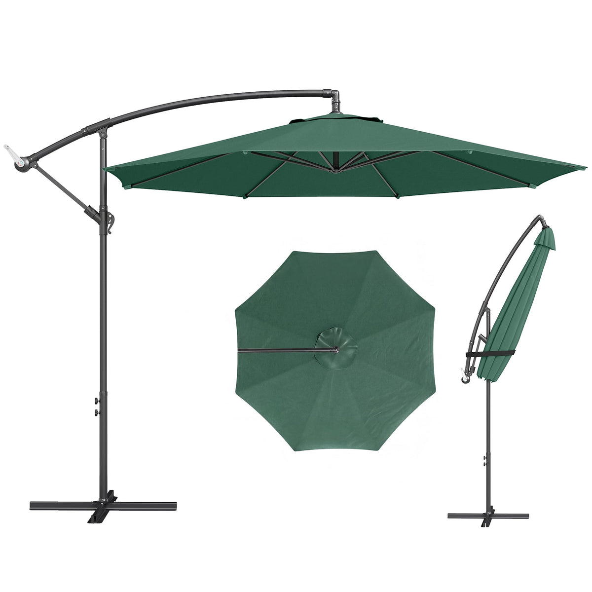 3 m Banana Parasol with Crank Handle, 8 Ribs & Cross Base, Dark Green — product view 1