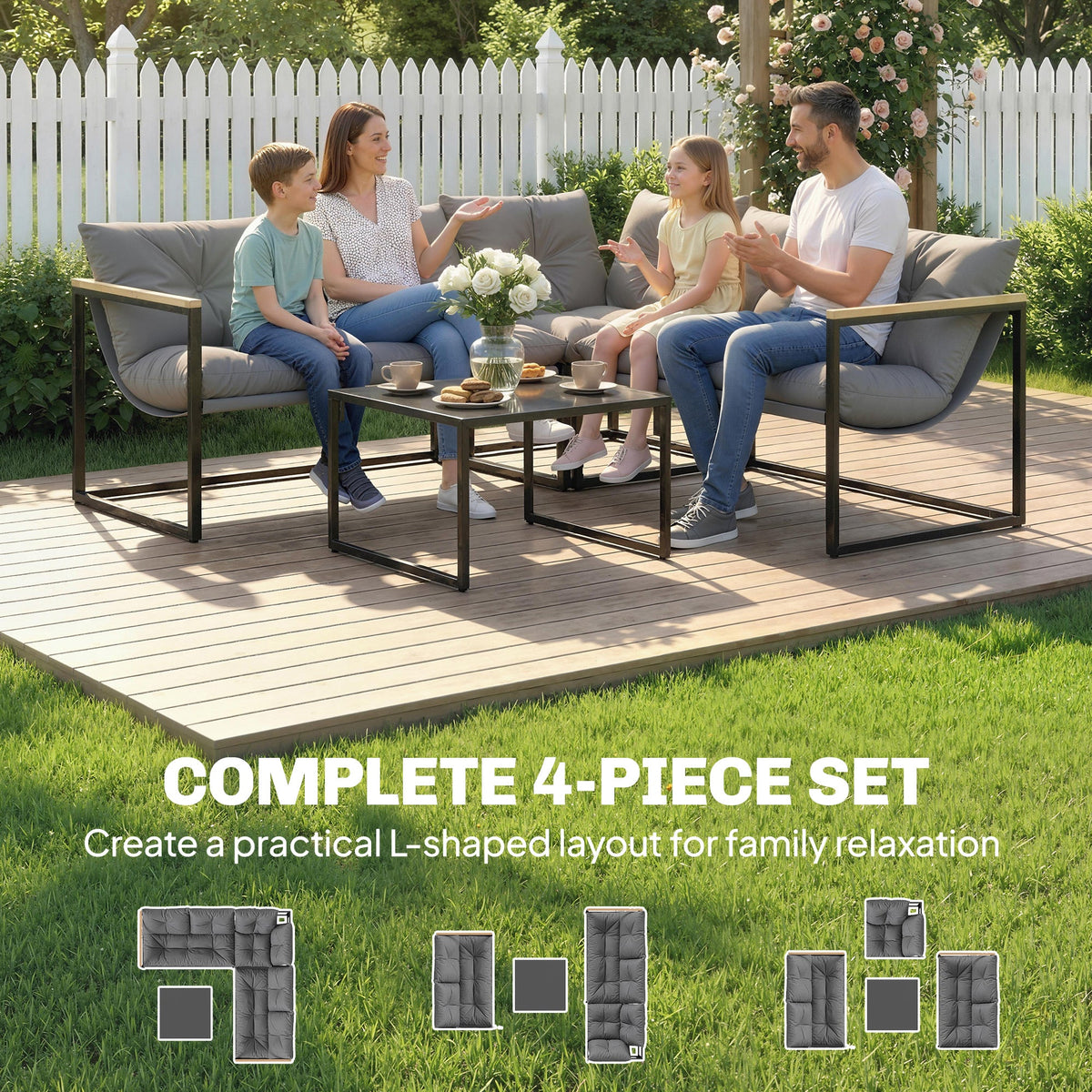 4 Piece Garden Furniture Set with Coffee Table and Thick Cushions, Grey — product view 6