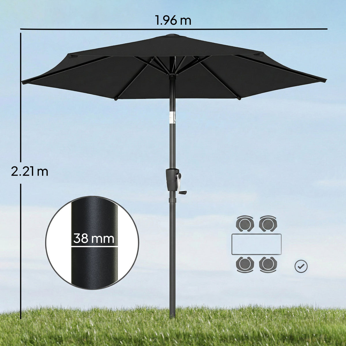 2 m Garden Parasol with Crank Handle, Tilt Function & UV30+, Black — product view 5