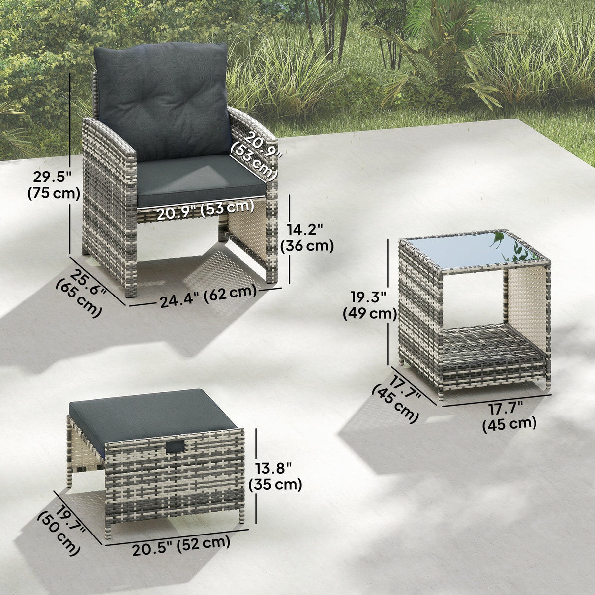 5-Piece Rattan Sofa Set with Ottomans, 2-Tier Glass Table, Grey/Dark Grey — product view 5