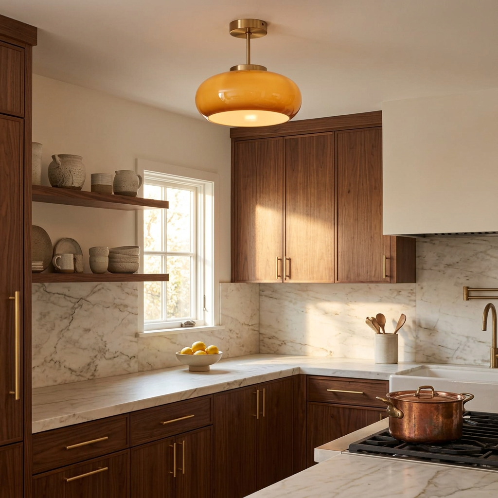 Marlowe | Vintage Brass Amber Glass Semi Flush Mount Ceiling Light for Hallway and Kitchen — product view 2