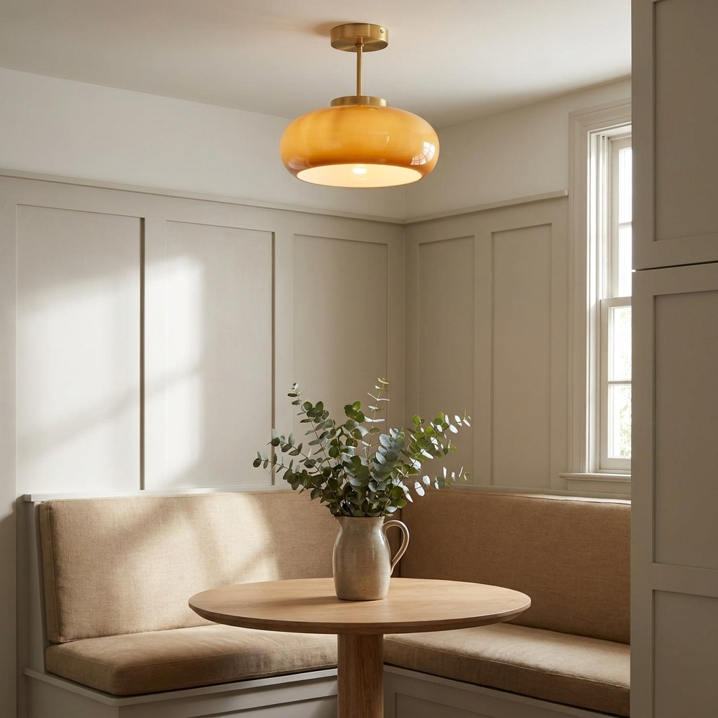 Marlowe | Vintage Brass Amber Glass Semi Flush Mount Ceiling Light for Hallway and Kitchen — product view 4