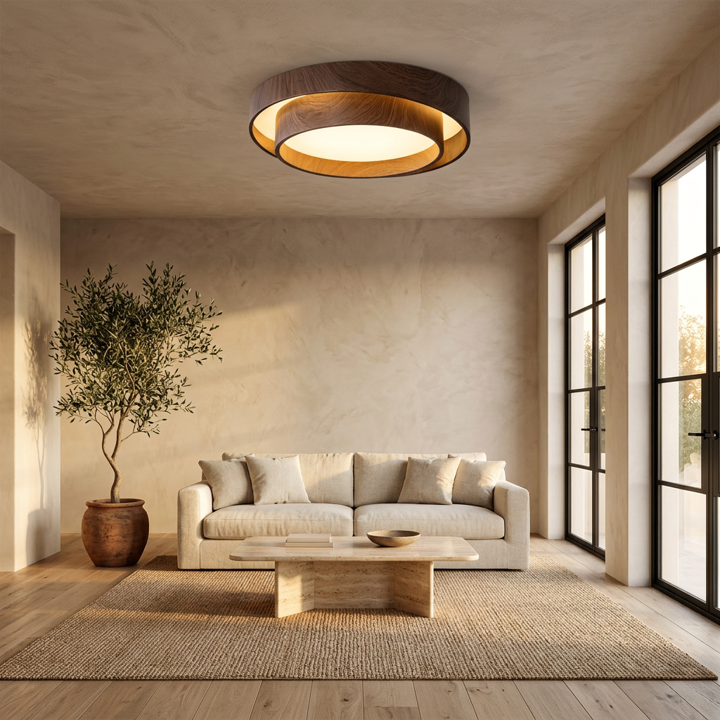 Sereno | Walnut Finish Round Flush Mount Ceiling Lamp for Living Room and Bedroom — product view 2